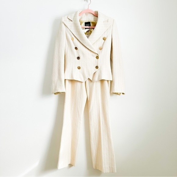 Edward Achour Paris Ivory Metallic Gold Stripe Tweed Double Breasted Suit Set - Picture 1 of 14